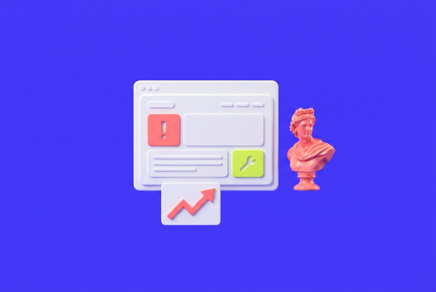 Illustration of a website window with an alert and a growth arrow beside a classical bust
