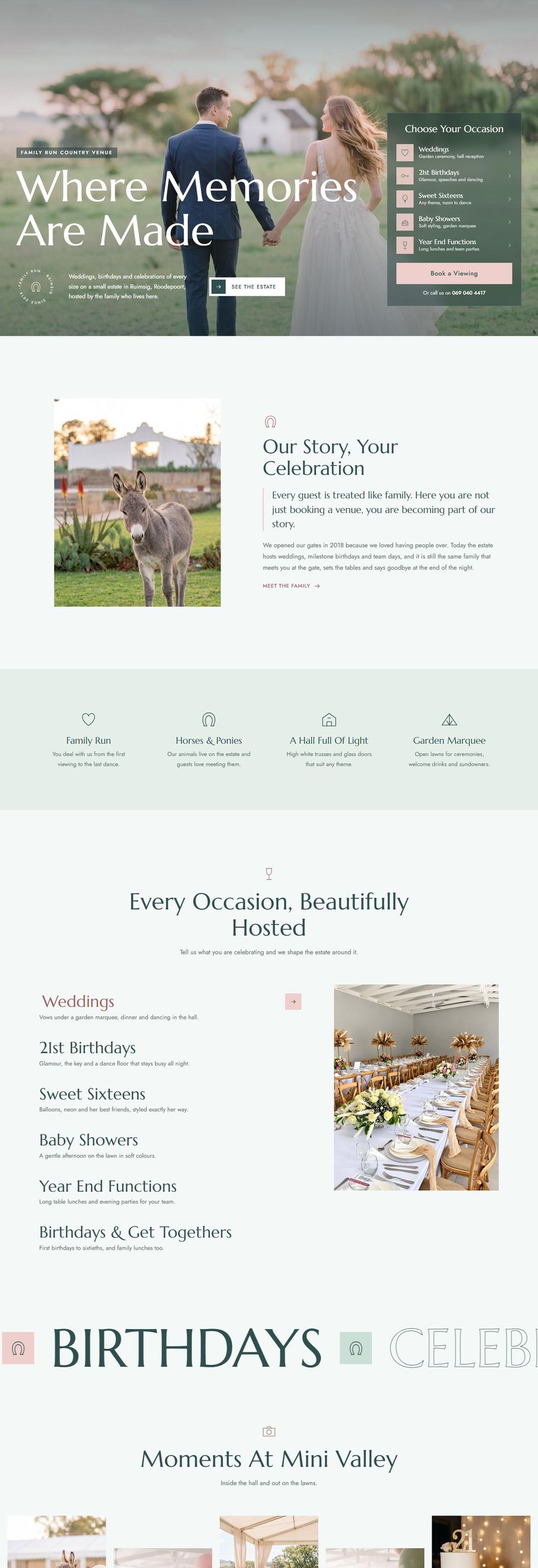 One page website design for a wedding and event venue