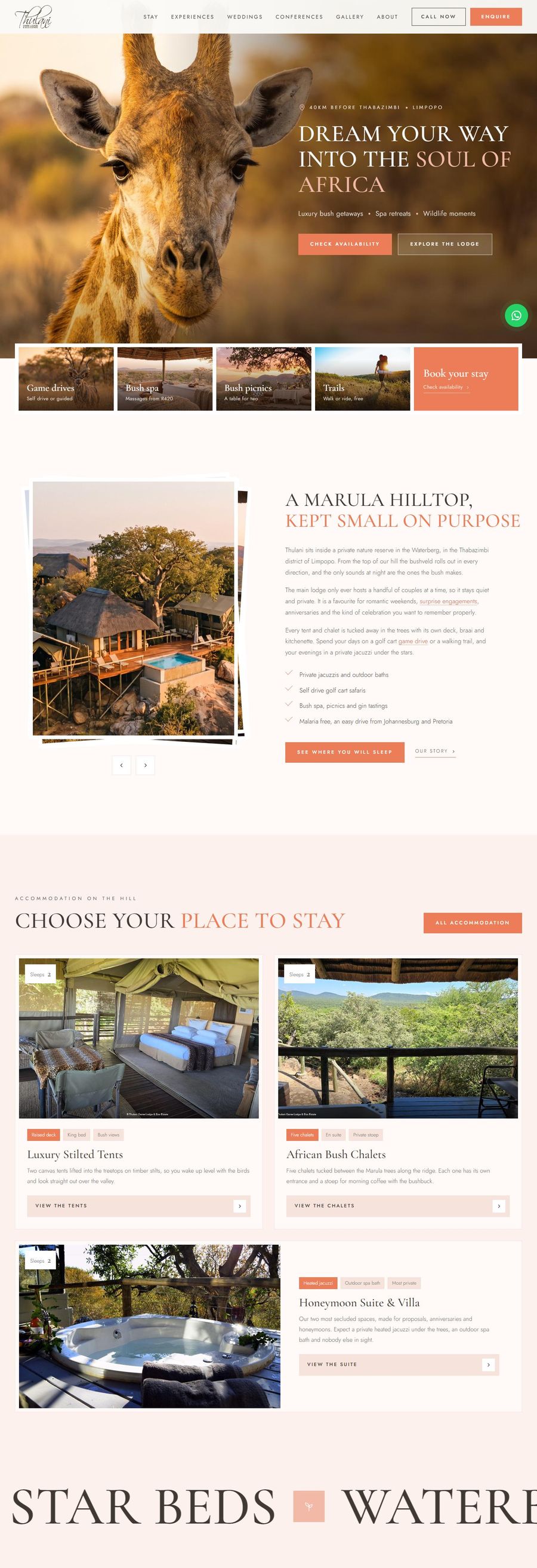 One page website design for a game lodge