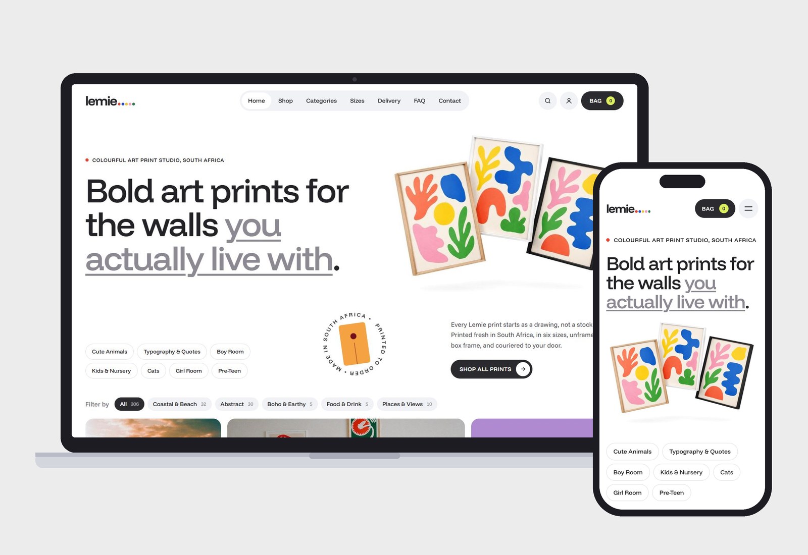 Lemie art print store on desktop and mobile