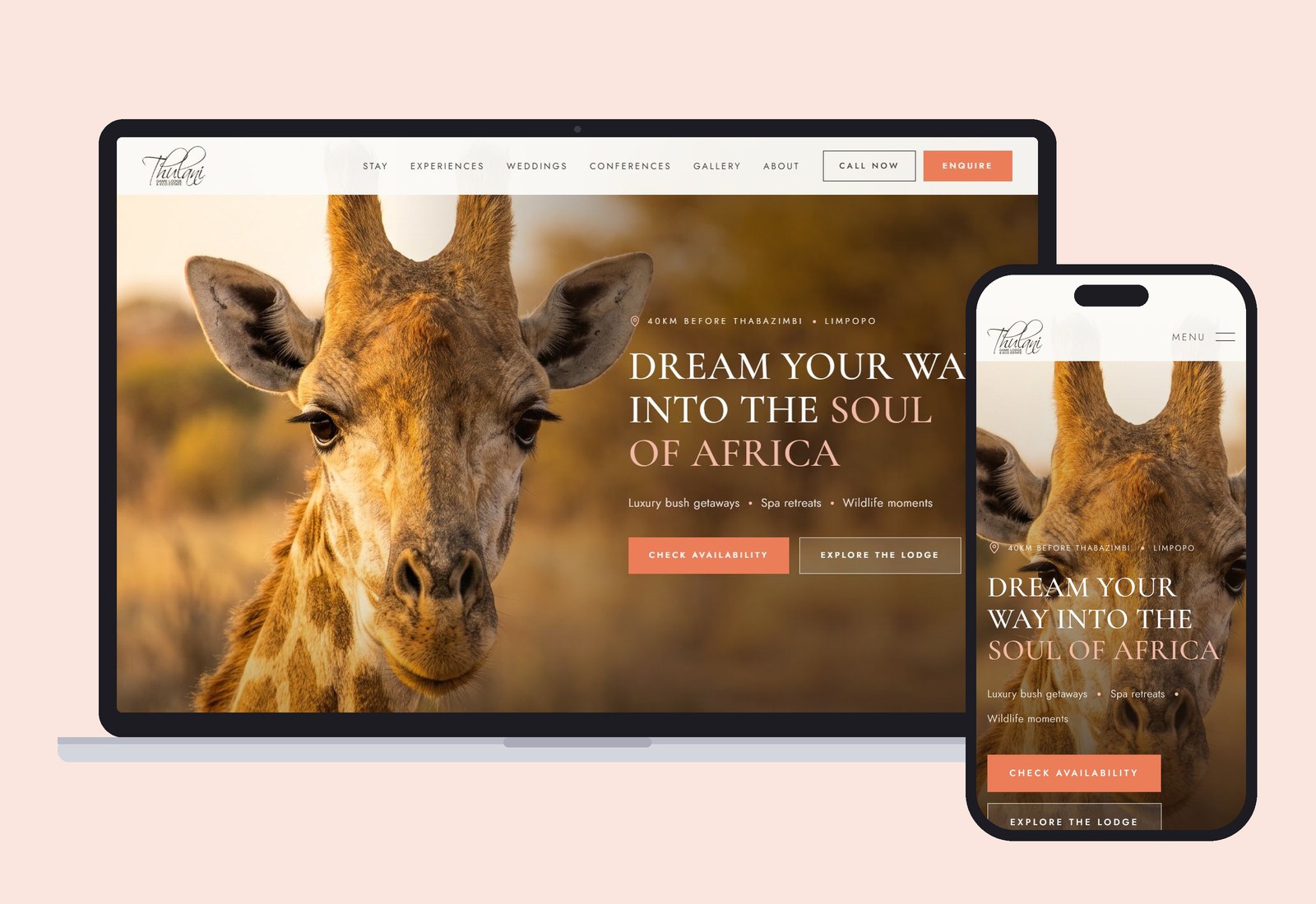 Thulani Game Lodge website on desktop and mobile