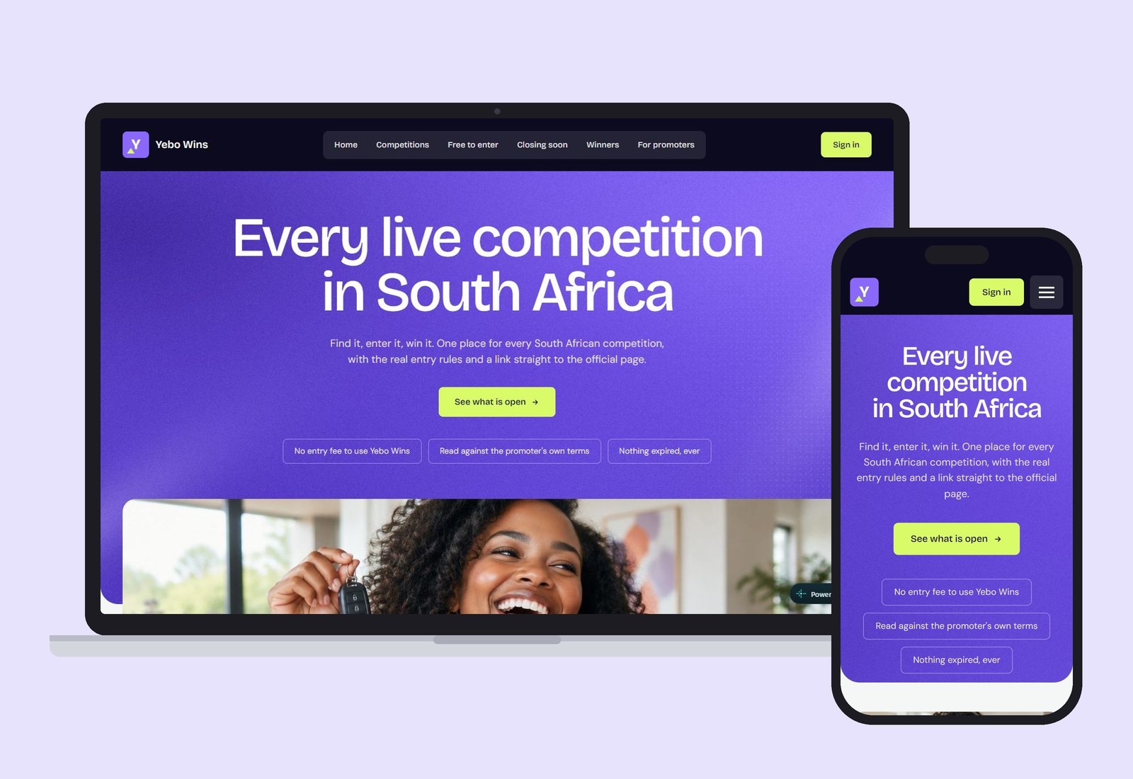 Yebo Wins competition platform on desktop and mobile
